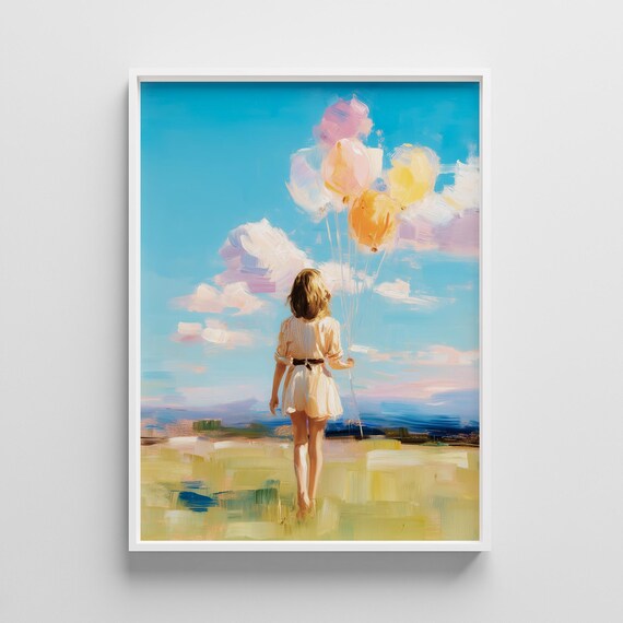 Little Girl Holding Pastel Balloons in Sunny Field Painting Print