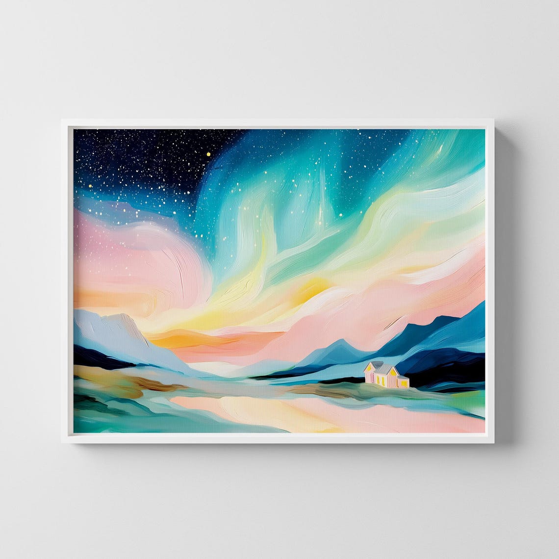 Northern Lights Aurora Over Snowy Mountain Cabin Painting Poster