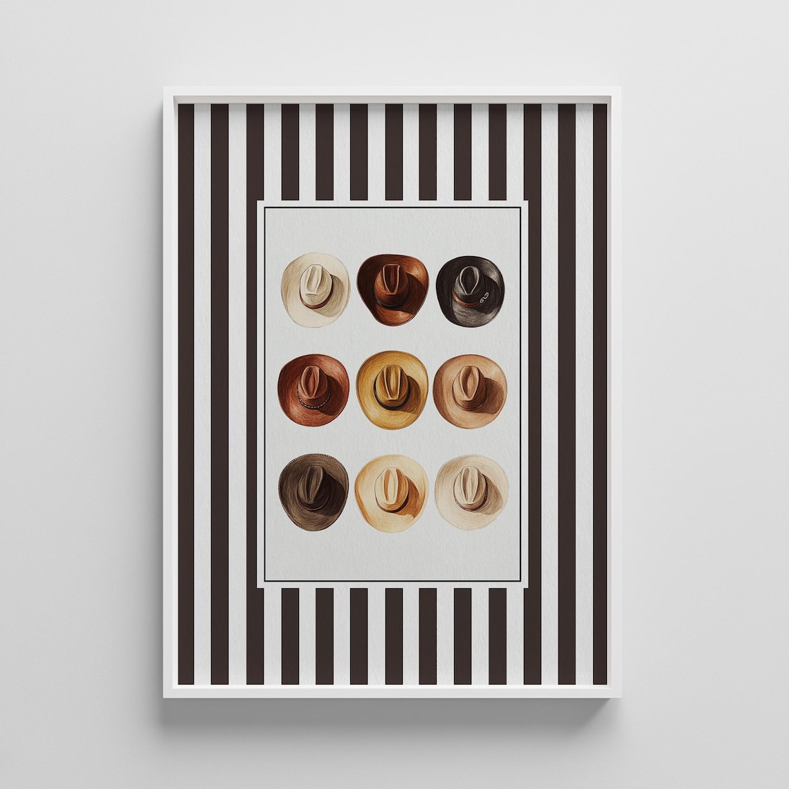 Nine Cowboy Hats Watercolor Grid on Black Striped Western Poster