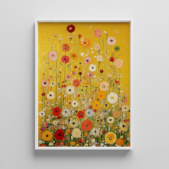 Golden Poppy Field Klimt Inspired Floral Abstract Art Poster