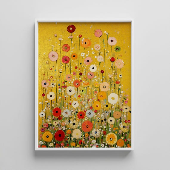 Klimt Style Poppy Field Art Print Golden Floral Abstract