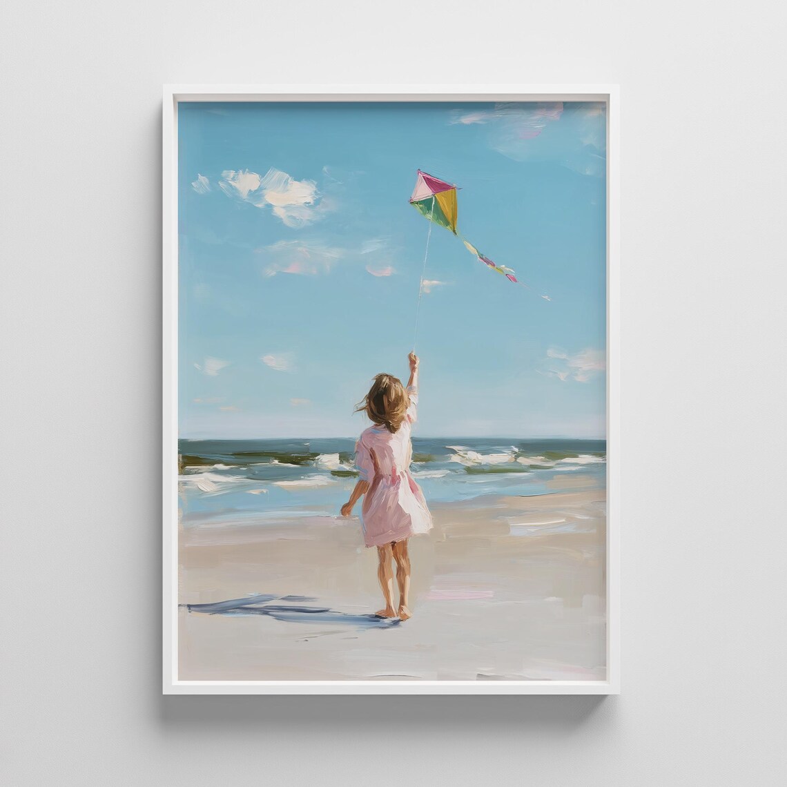 Girl Flying Kite Pastel Beach Summer Whimsical Coastline Poster