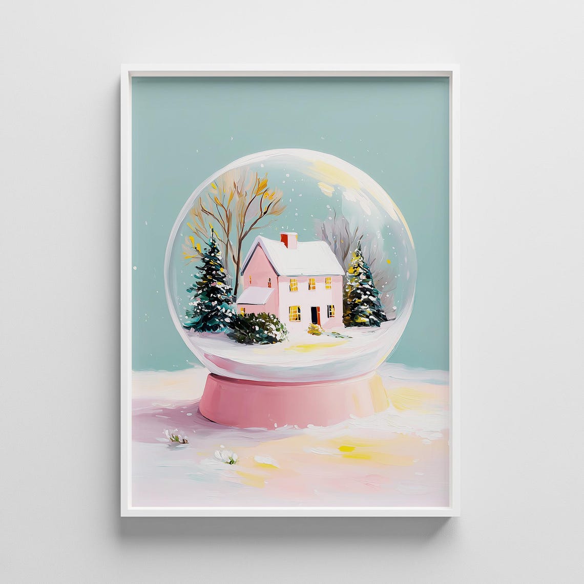 Pink Snow Globe With Cozy Winter House Scene Pastel Painting Poster