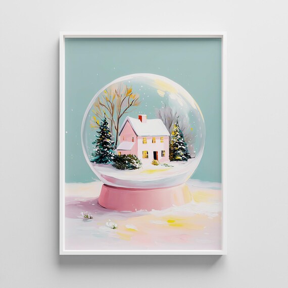 Pink Snow Globe With Cozy Winter House Scene Pastel Painting Poster