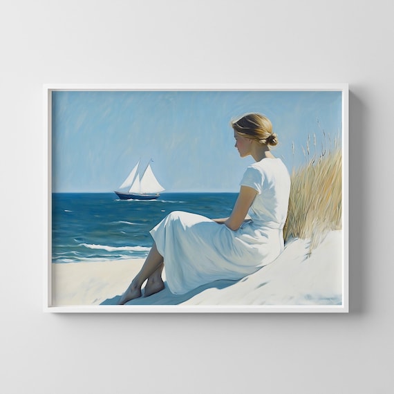 Woman On Beach Dune Watching Sailboat Realism Seascape Art Print