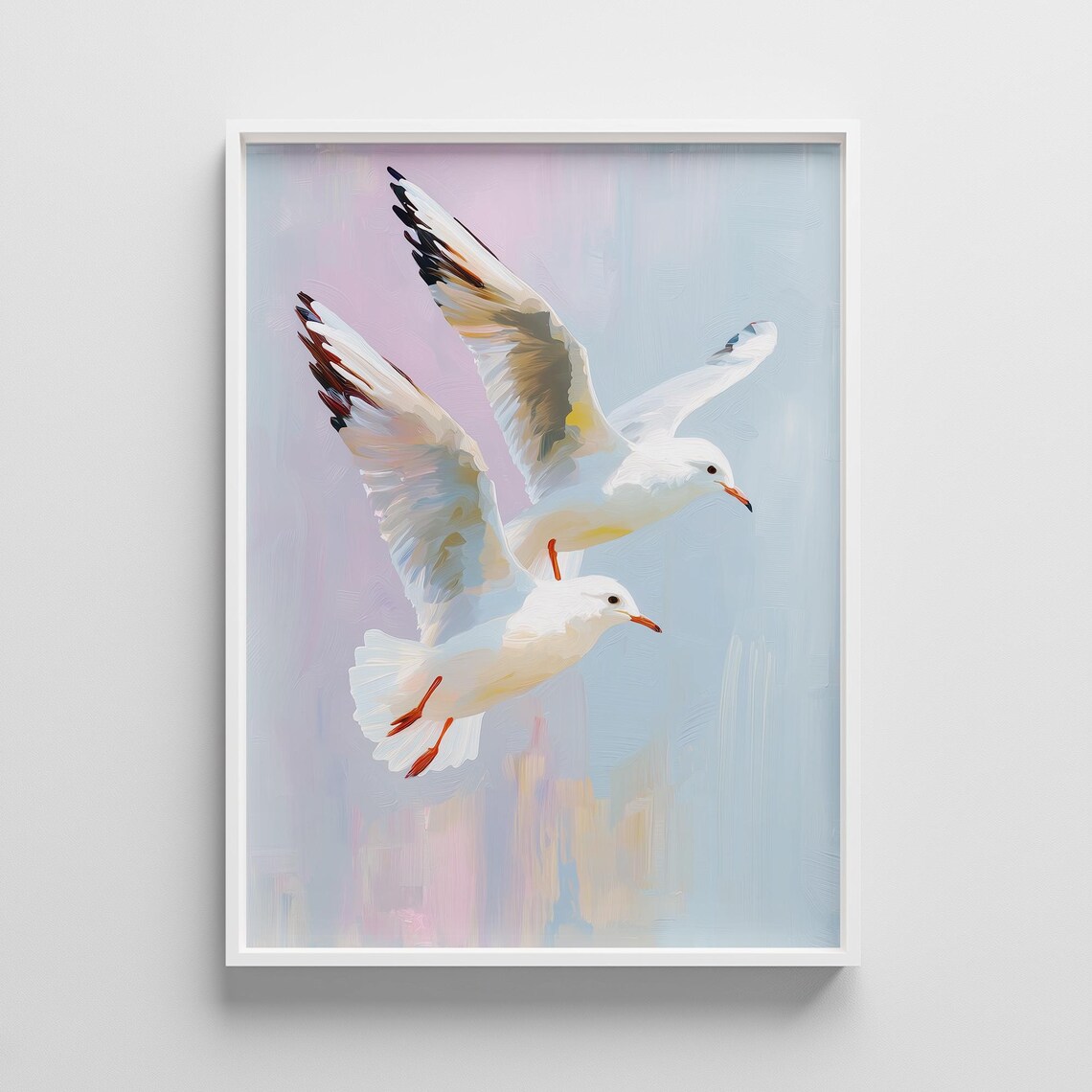 Two Seagulls in Flight Pastel Coastal Seabird Oil Painting Poster