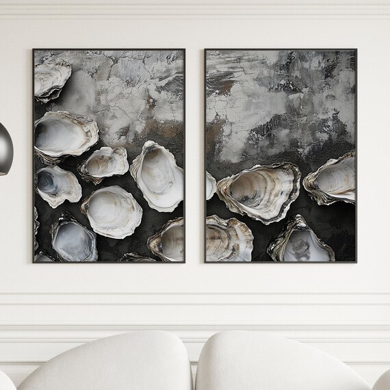 Two Panel Oyster Shell Neutral Coastal Texture Art Poster Set