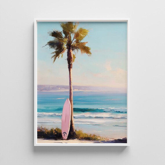 Pastel Beach Print Pink Surfboard Palm Tree Seascape
