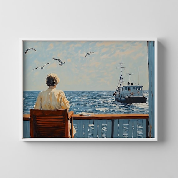 Seaside Deck Chair Watching Boat Hopper Inspired Coastal Art Poster