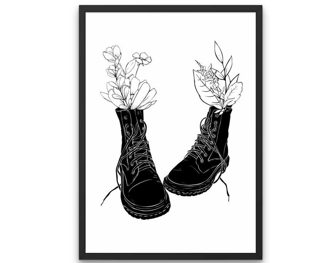 Boots With Flowers Grunge Line Art Poster
