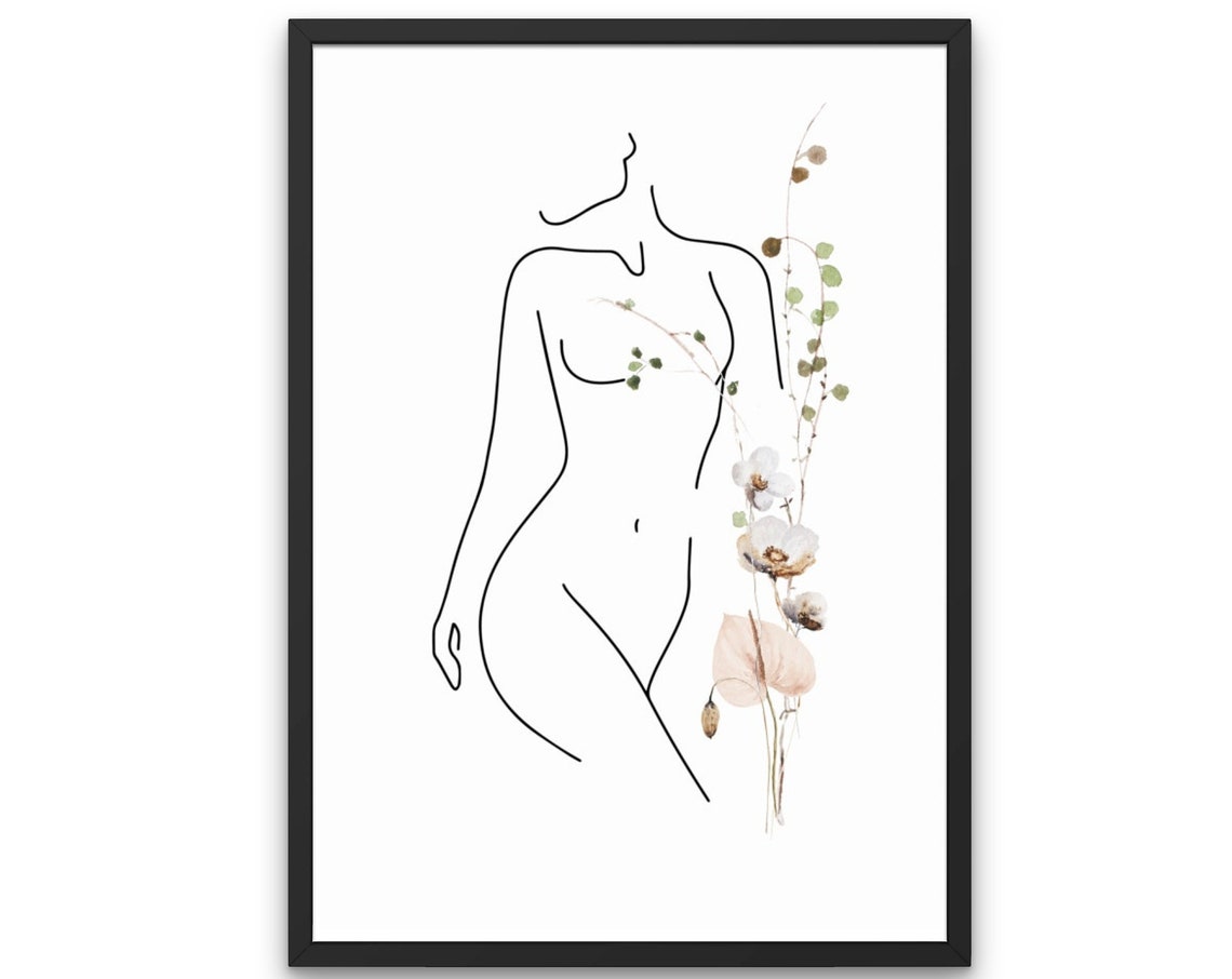 Nude Female Line Art Print Minimalist Female Body Female Empowerment Abstract Female Female With Wildflowers Naked Woman Lady Figure