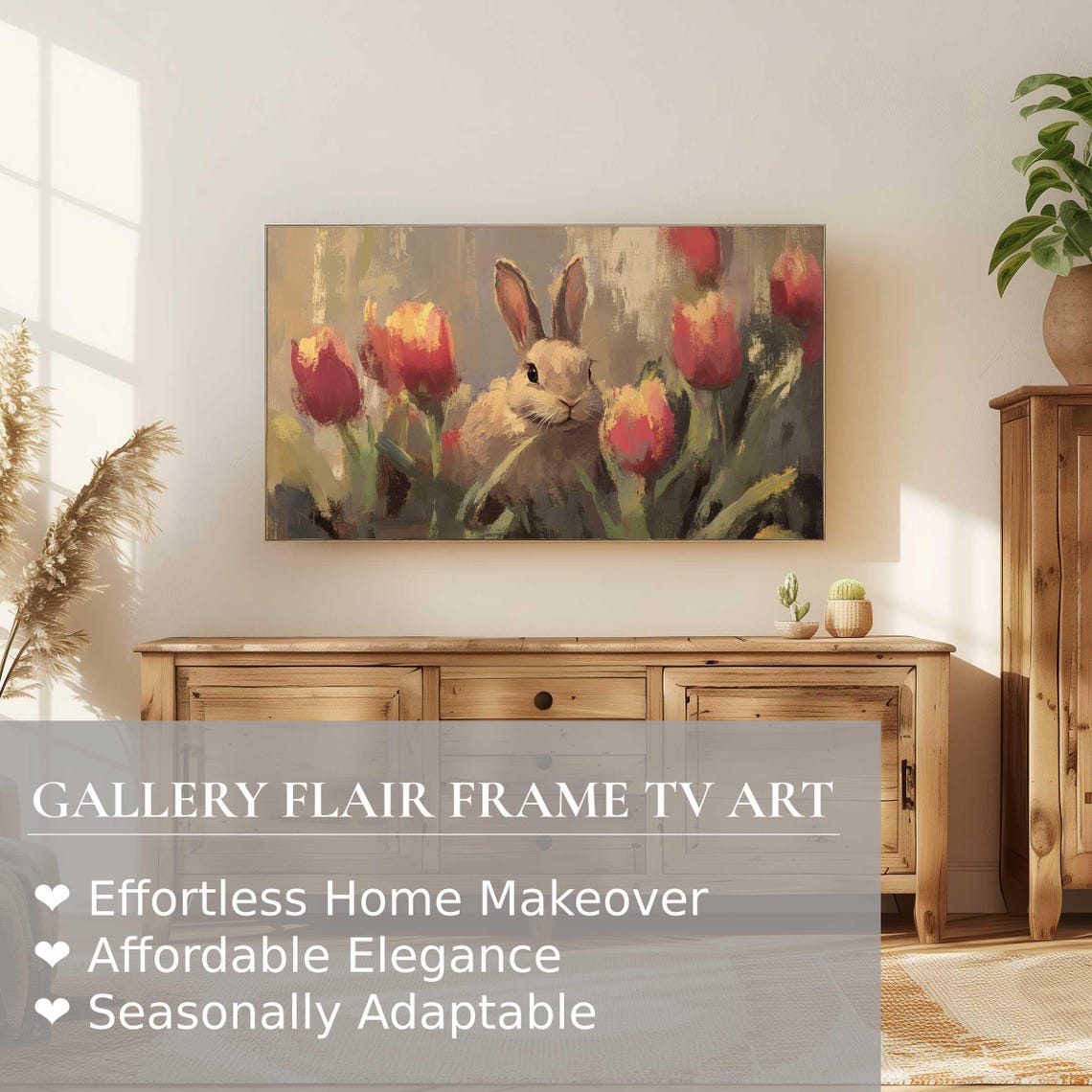 Bunny Among Red Tulips Impressionist Spring Painting Wall Art - Image 2