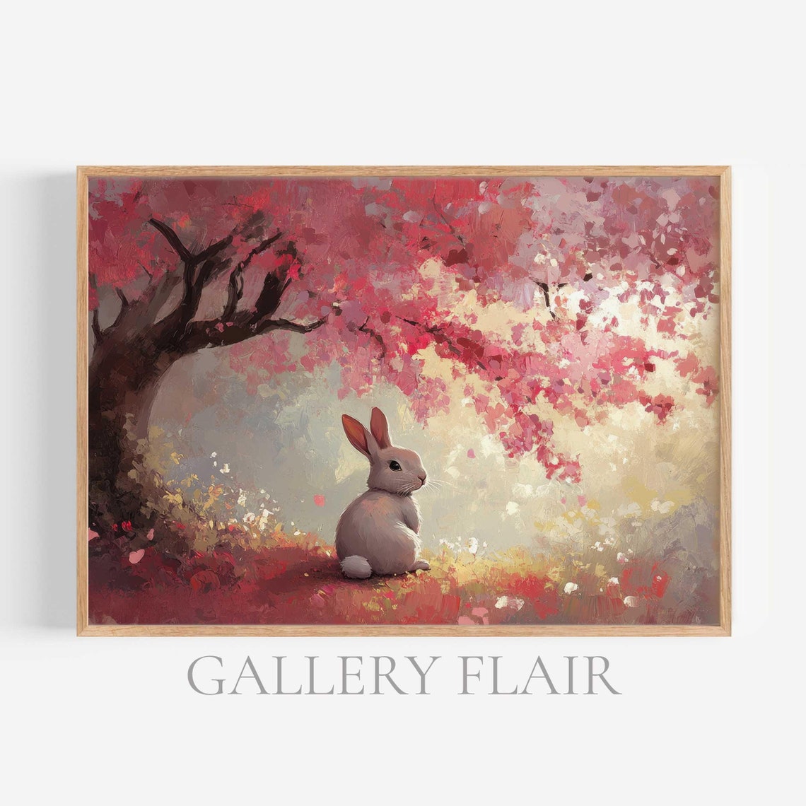 Bunny Under Pink Cherry Blossom Tree Petals Spring Wall Art Poster