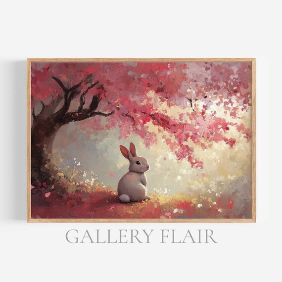 Bunny Under Pink Cherry Blossom Tree Petals Spring Wall Art Poster