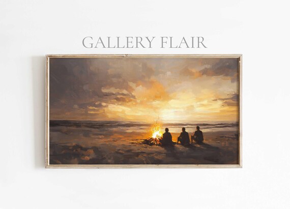 Coastal Frame Tv Art Beach Bonfire Impressionism Gathering Vintage Seascape Art For Tv Nautical Summer Spring