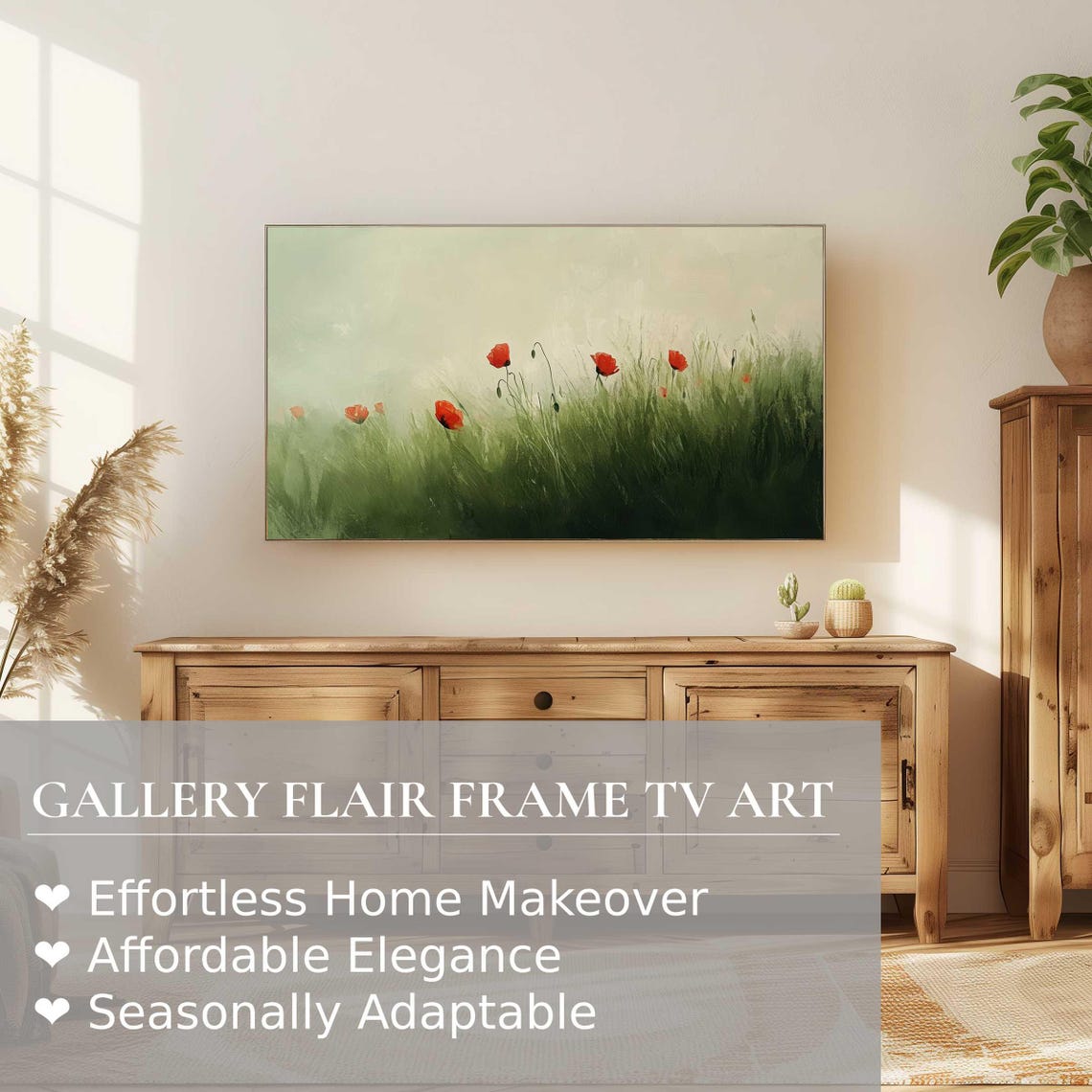 Red Poppies Green Meadow Minimalist Impressionist Spring Wall Art - Image 2