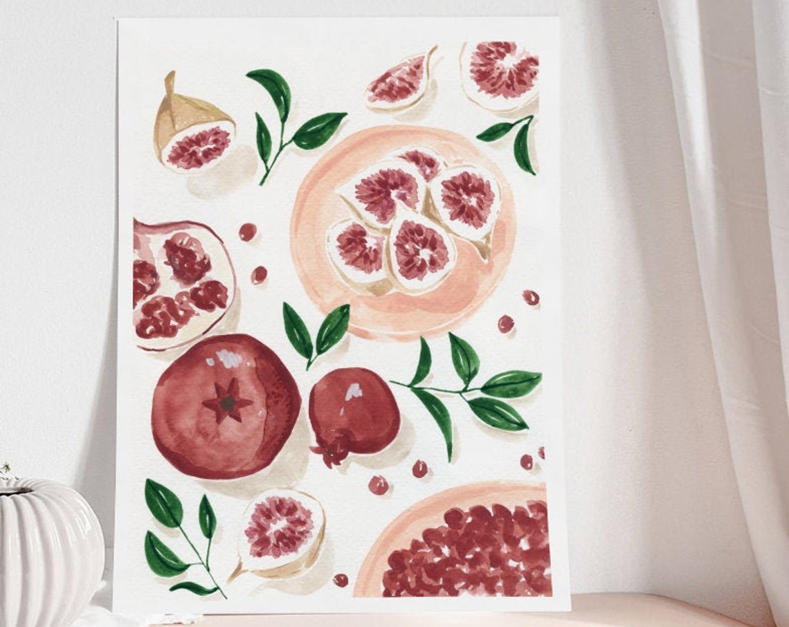 Pomegranate Fig Watercolor Still Life Fruit Botanical Kitchen Wall Art