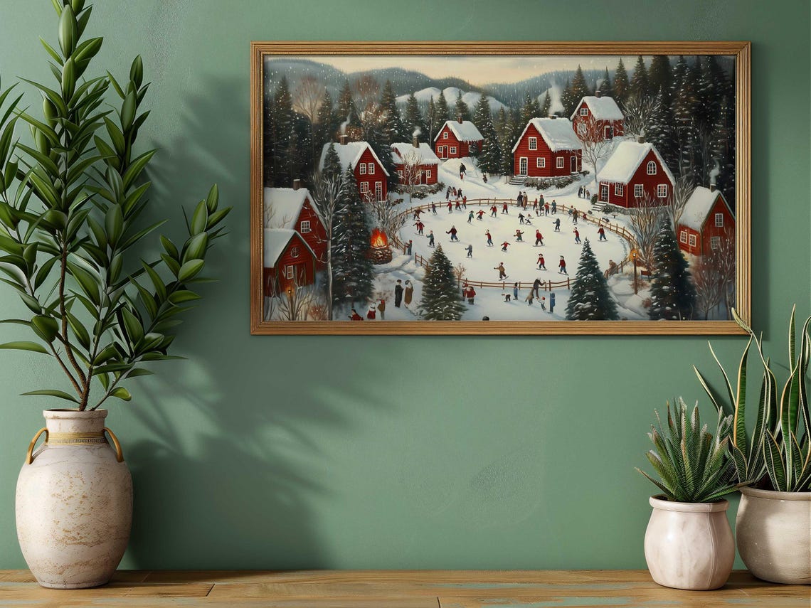 Village Ice Skating Pond Red Cottages Snowy Mountains Art Poster - Image 2