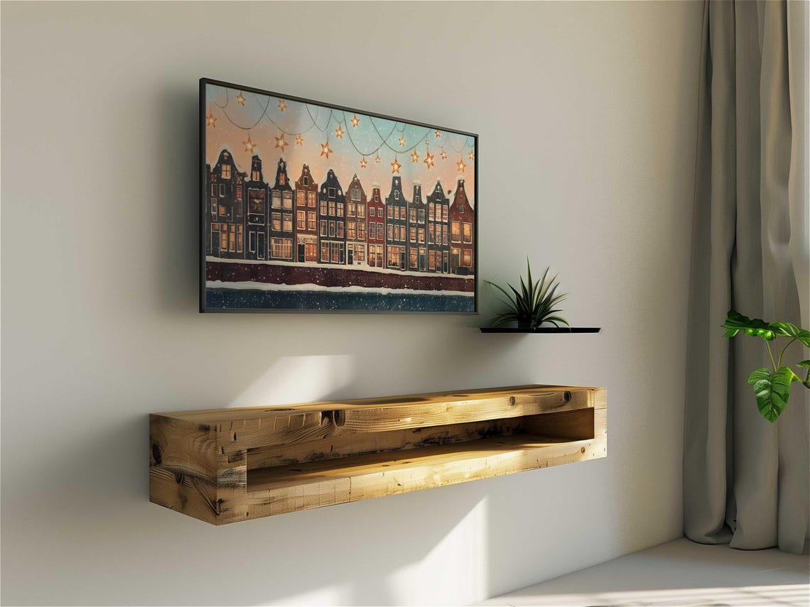 Winter Amsterdam Canal Houses Snow Star Lanterns Holiday Art Poster - Image 3