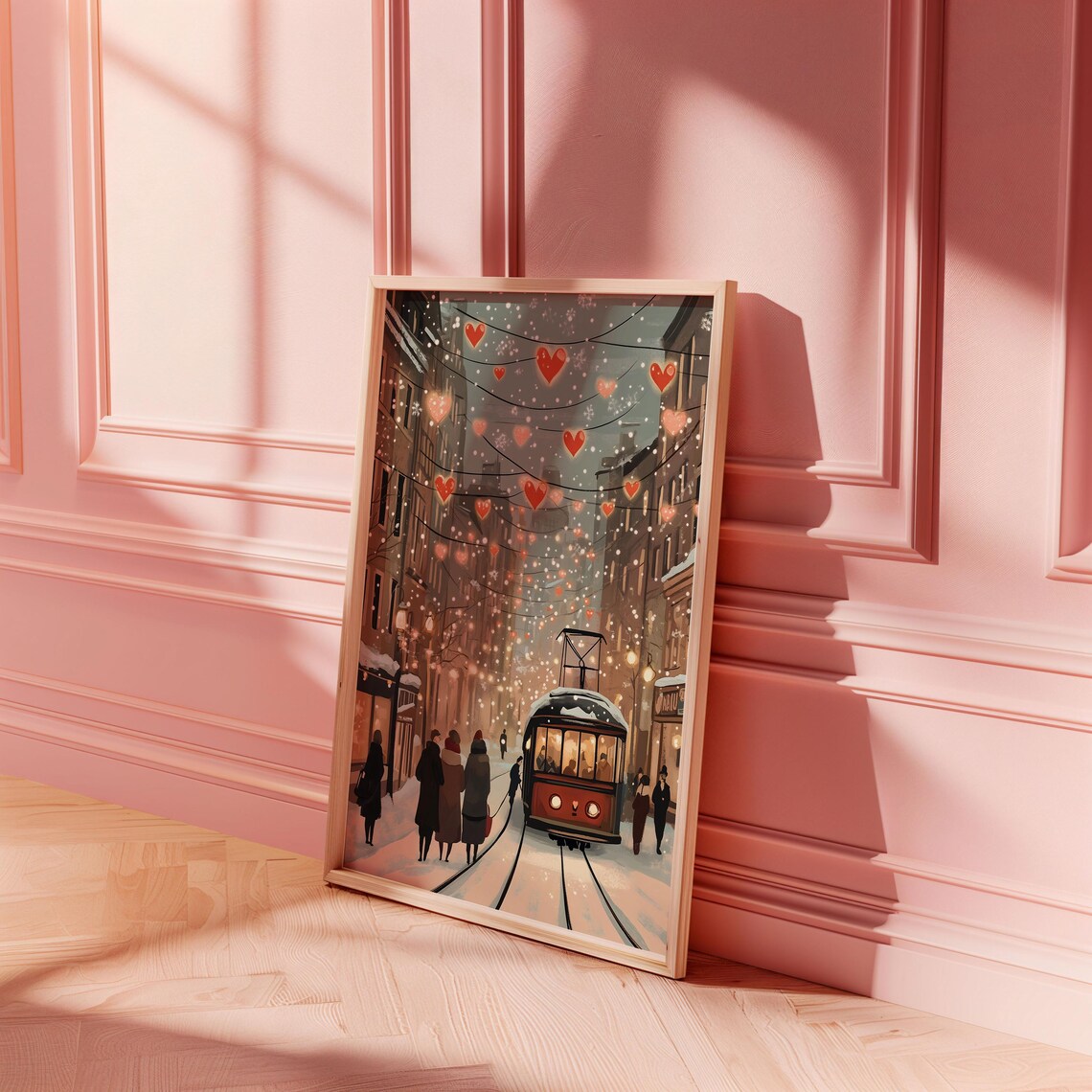 Valentine Winter Street Heart Lights Red Trolley Snow Art Poster - Image 5