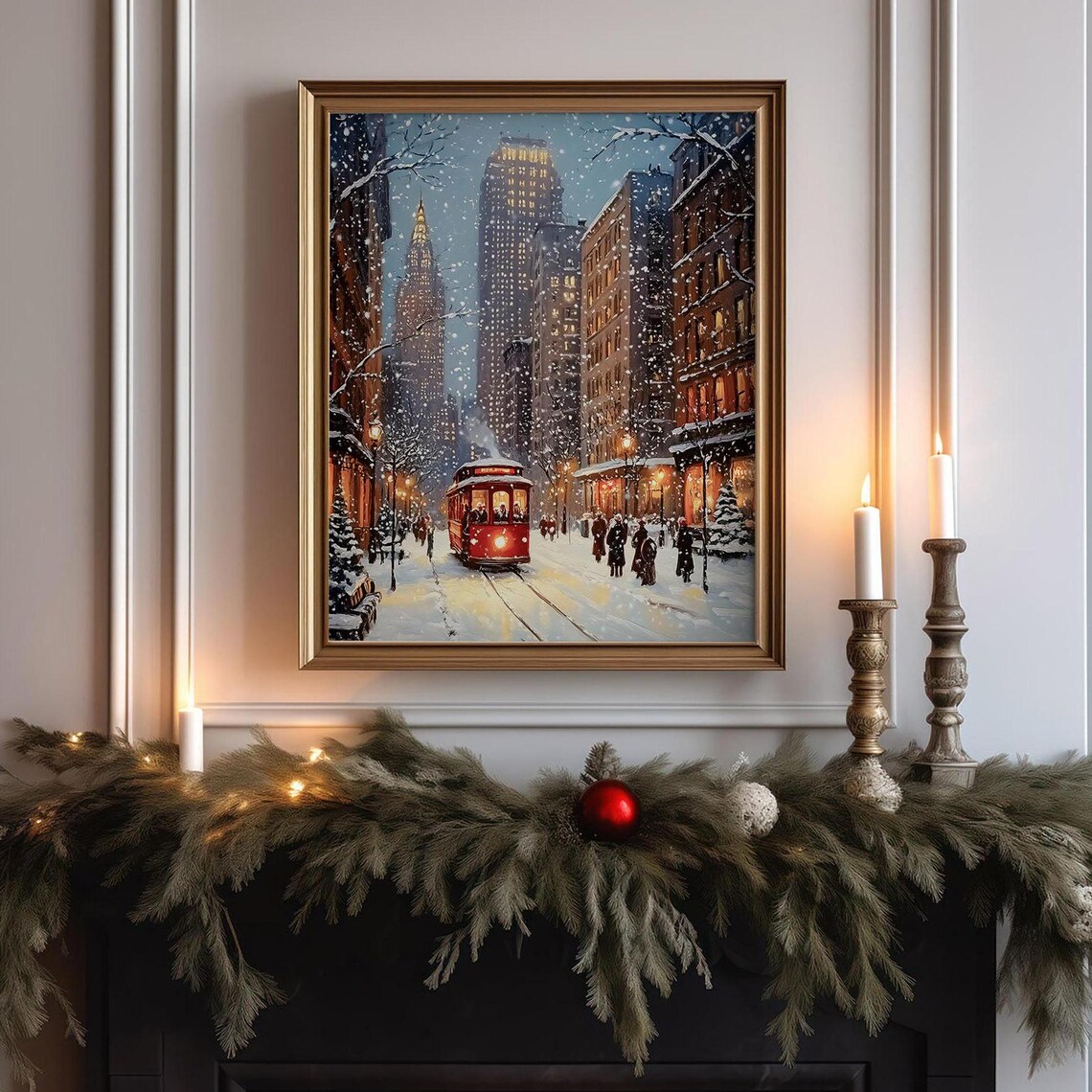 Winter New York City Snowy Street Red Trolley Night Art Poster - Image 6