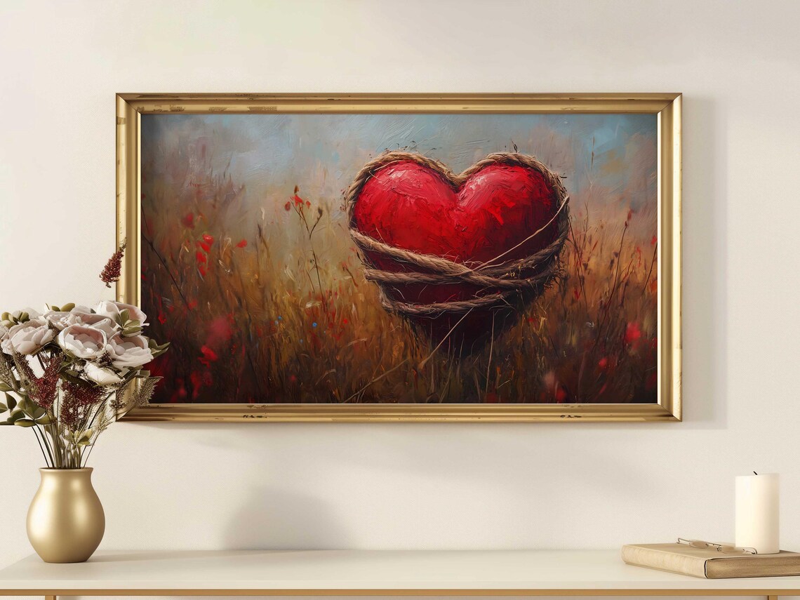 Red Heart Wrapped Twine Poppy Field Textured Oil Painting Poster - Image 3