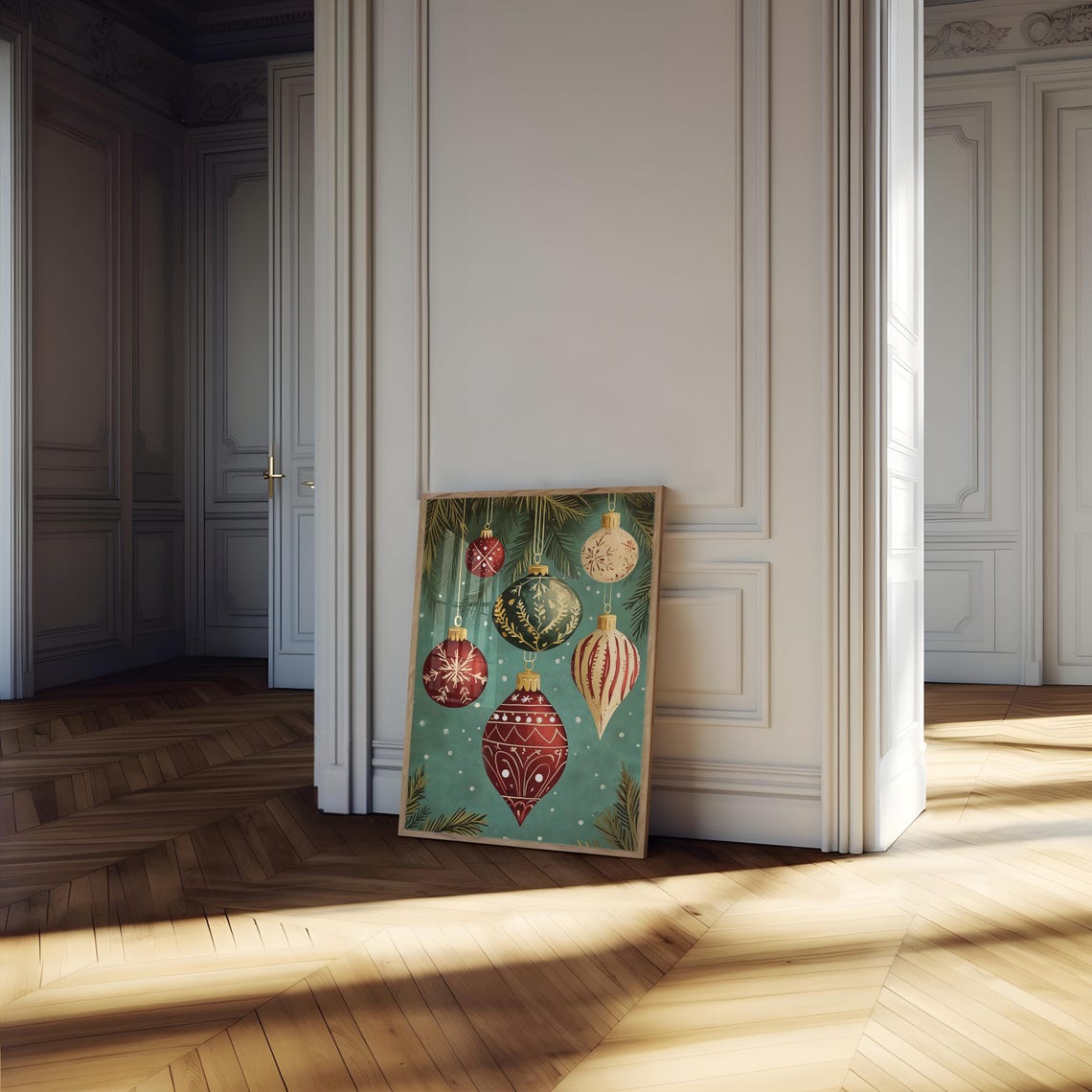 Vintage Christmas Ornaments Hanging Pine Branches Teal Art Poster - Image 5