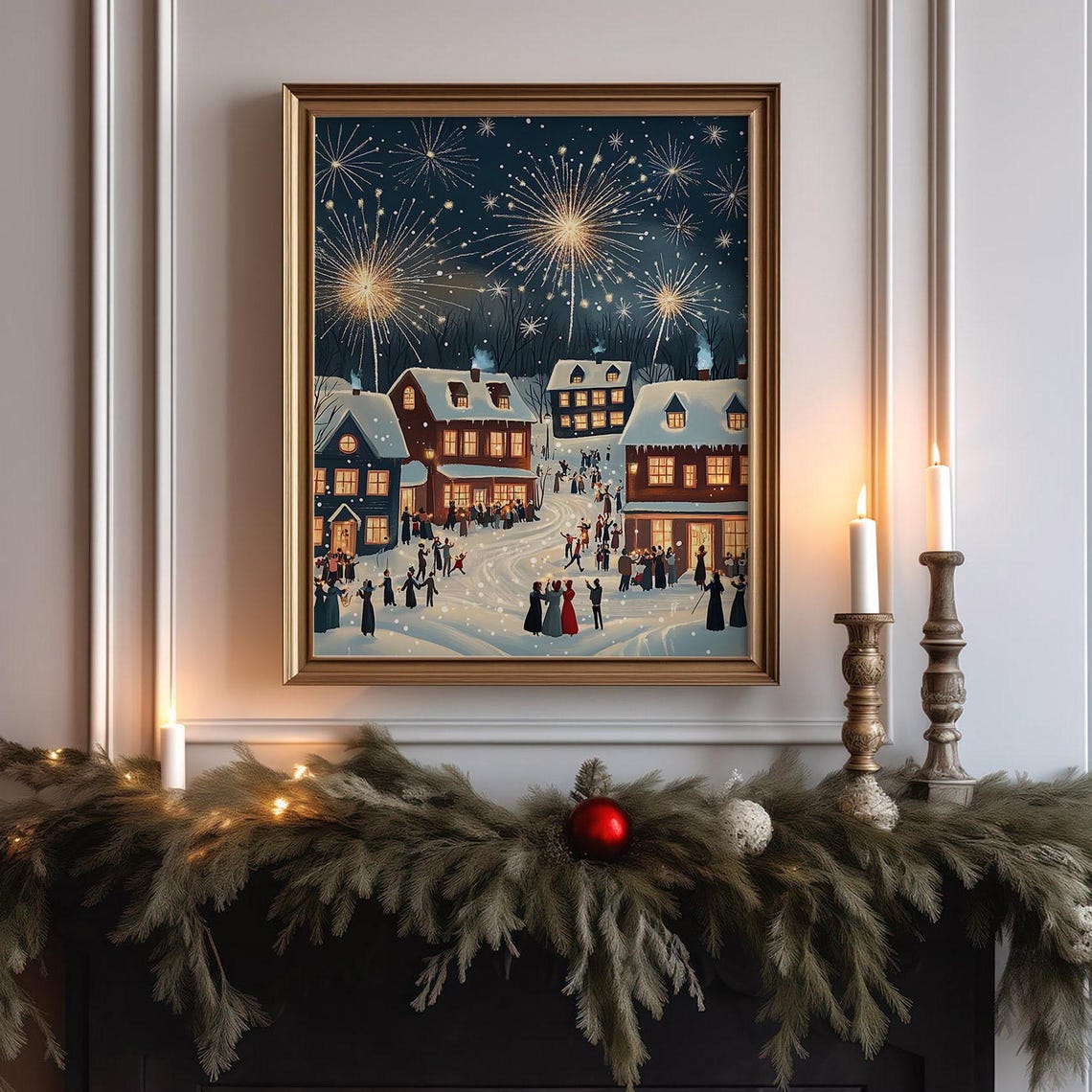 New Years Eve Fireworks Over Snowy Town At Night Celebration Poster - Image 6