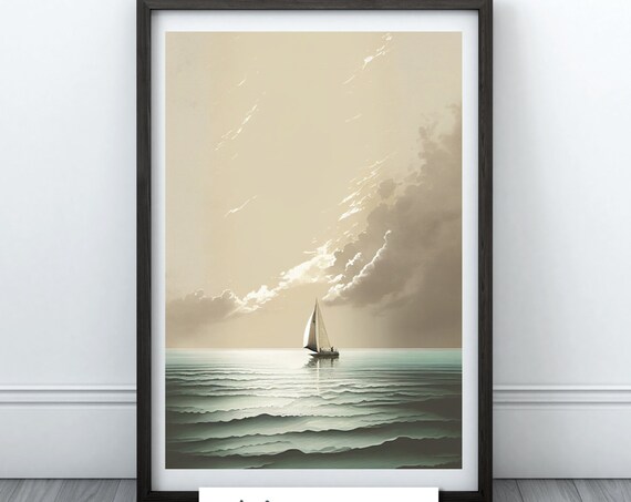 Lone Sailboat Calm Turquoise Sea Minimalist Ocean Art Poster