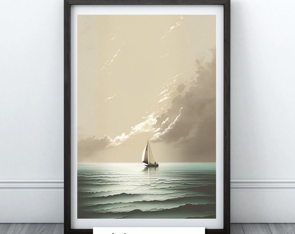Lone Sailboat Calm Turquoise Sea Minimalist Ocean Art Poster