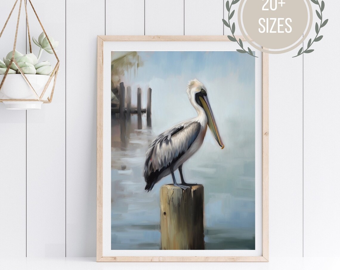 Pelican On Wooden Piling Coastal Painted Bird Art Beach House Poster