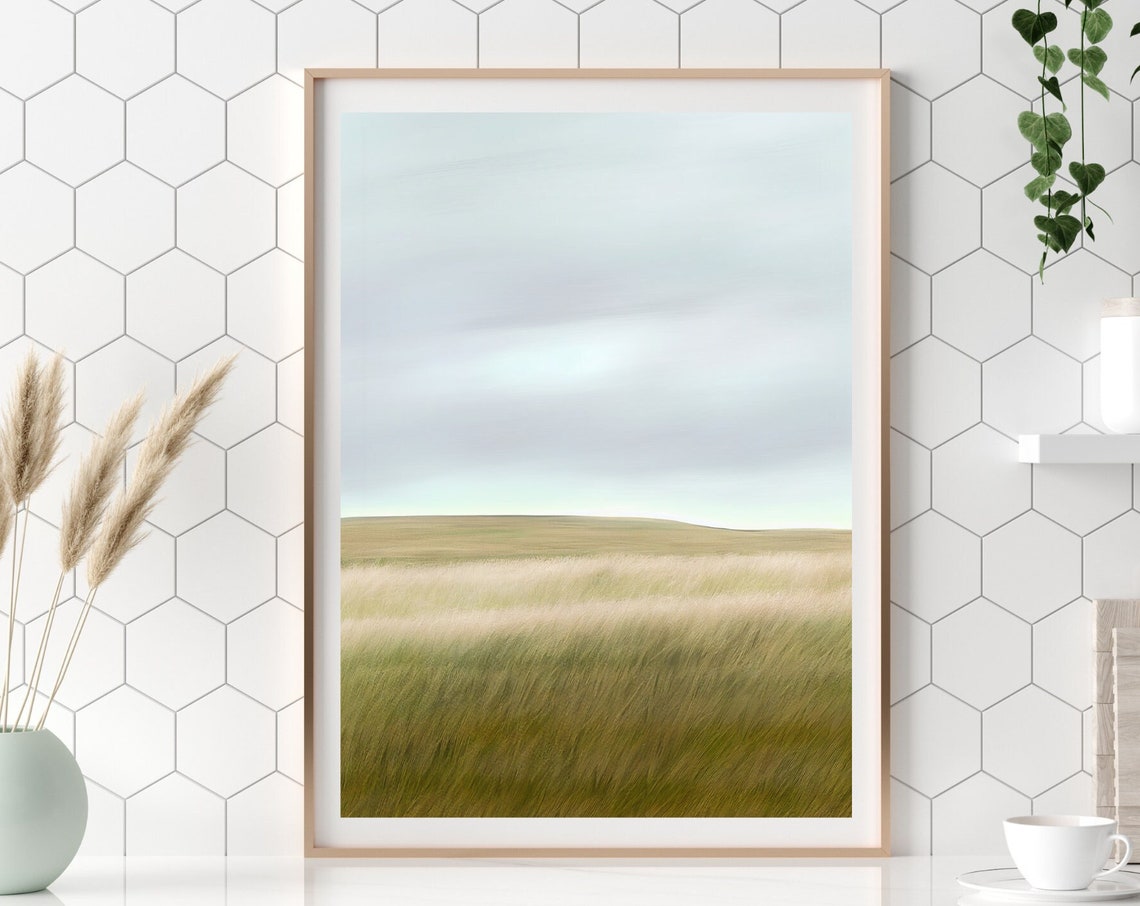 Grassy Meadow Blue Sky Prairie Minimalist Landscape Calm Wall Poster - Image 4