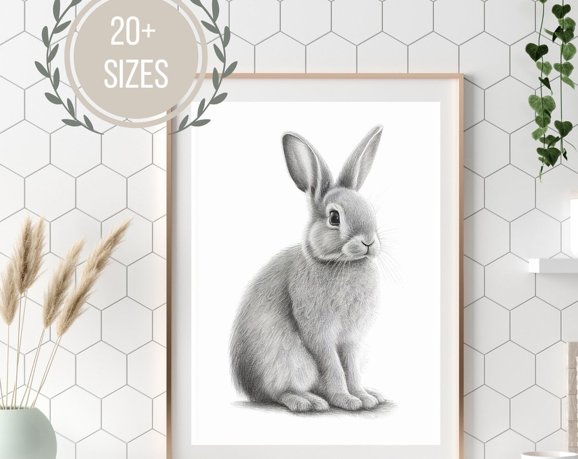 Gray Bunny Rabbit Pencil Sketch Nursery Animal Drawing Poster