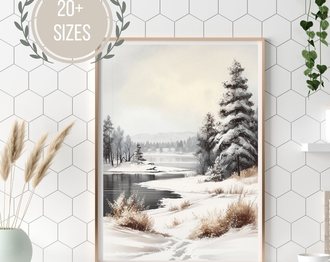 Snowy River Bank with Pine Trees Peaceful Winter Landscape Painting Poster - Image 2