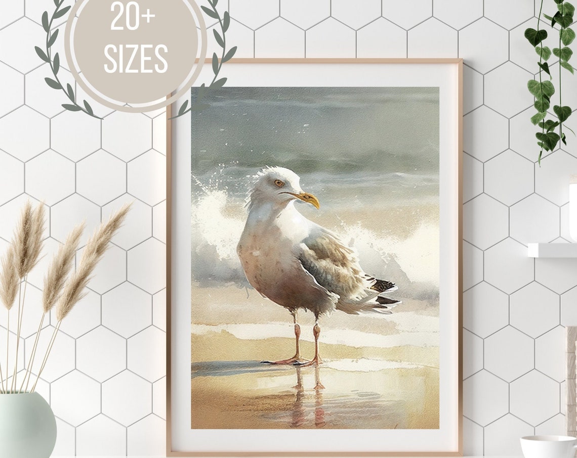 Seagull Standing Beach Watercolor Coastal Surf Bird Art Wall Poster - Image 3