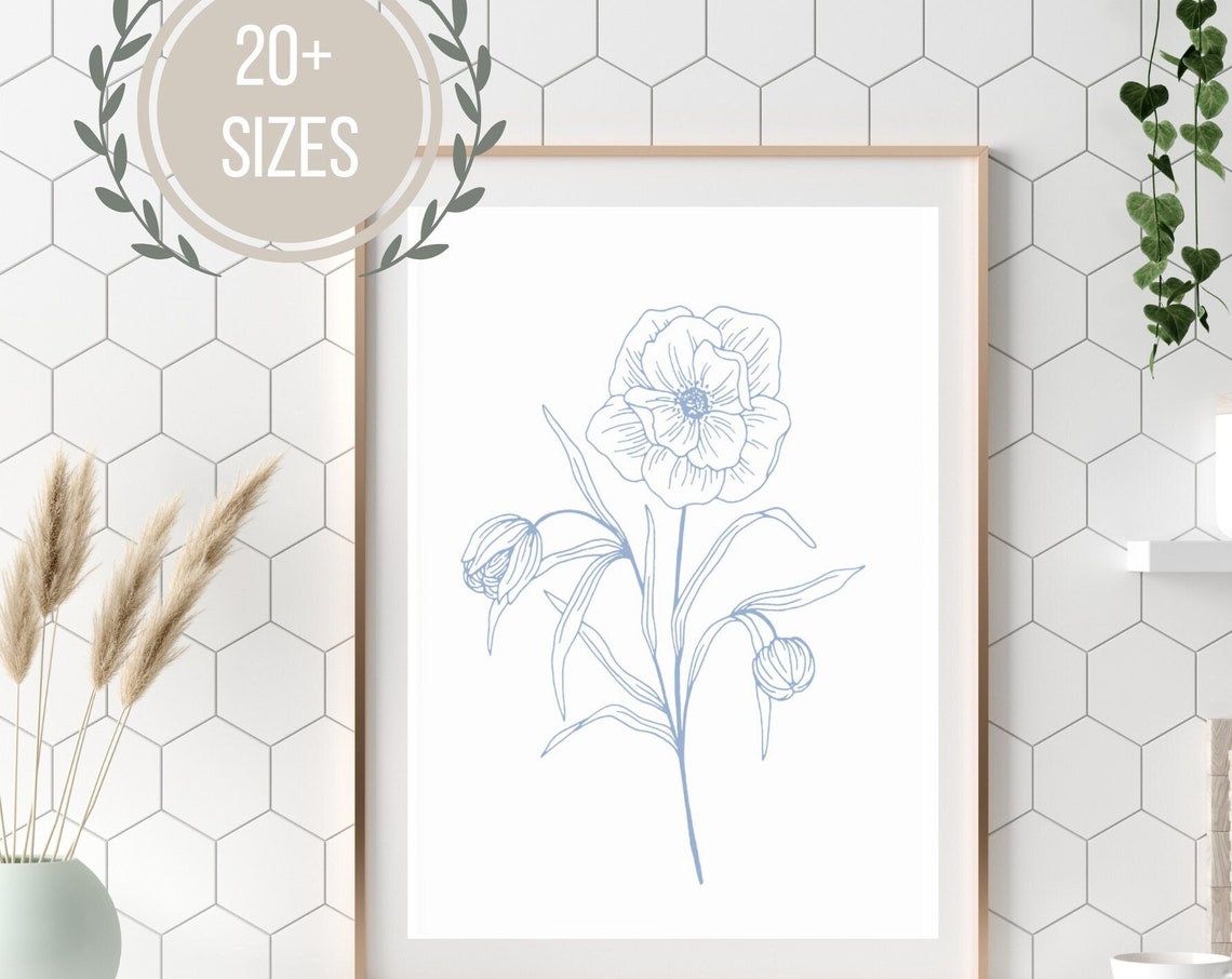 Blue Line Art Peony Flower Minimalist Botanical Drawing Poster