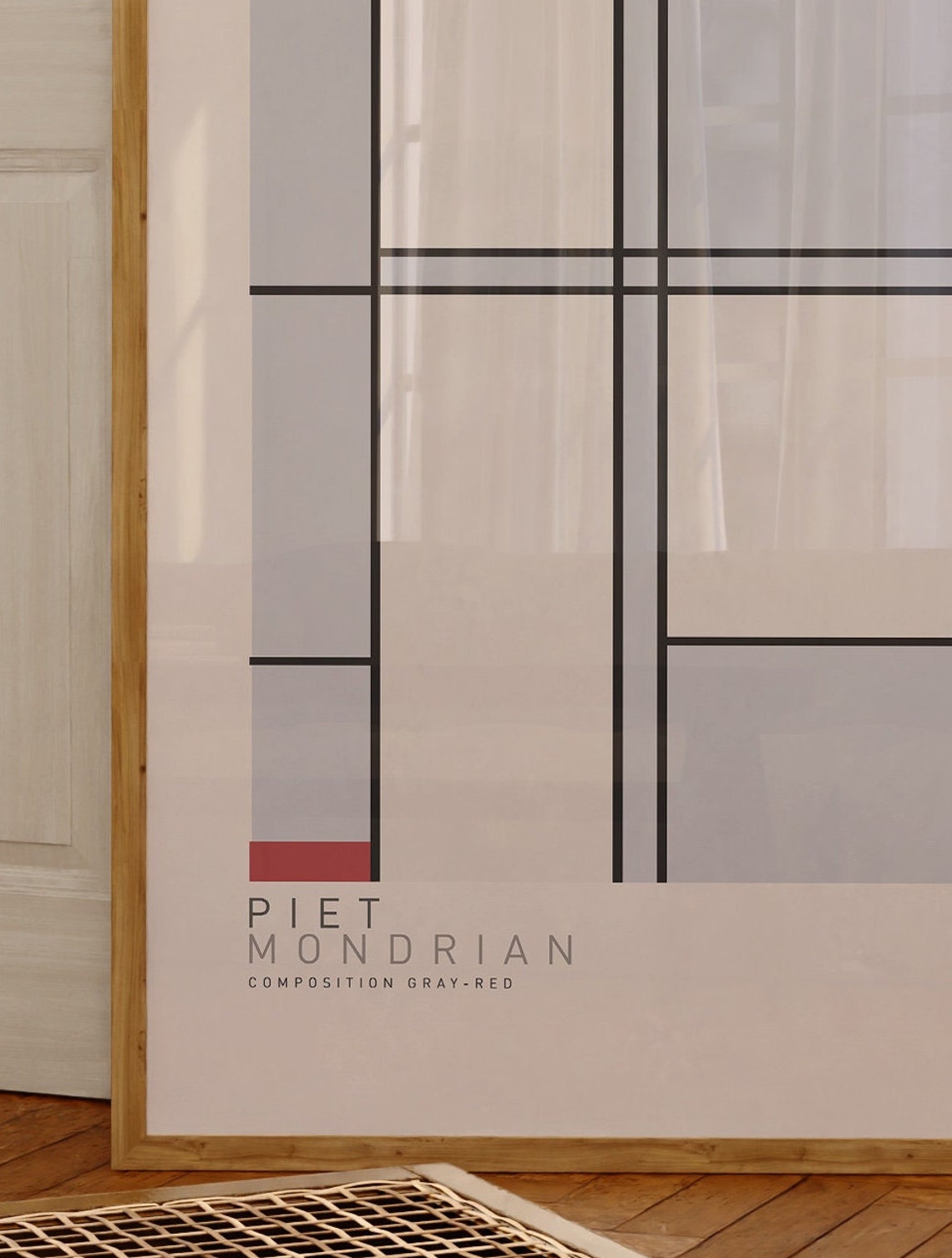 Piet Mondrian Composition Gray Red Vertical Grid Minimalist Art Poster - Image 3