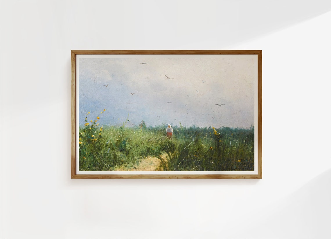 Rustic Flower Field With Birds Vintage Painting Landscape Poster