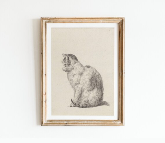 Vintage Pencil Sketch of a Sitting Cat Classic Animal Drawing Poster