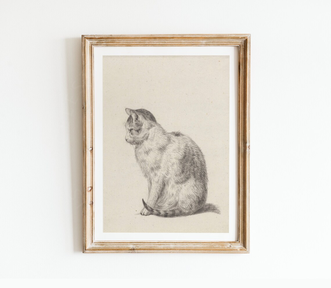 Vintage Pencil Sketch of a Sitting Cat Classic Animal Drawing Poster