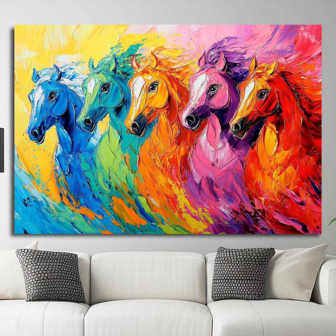 Rainbow Five Horses Impasto Painting Bold Colorful Herd Wall Art