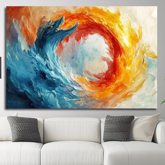 Dragon Art Fire Vs Water Abstract Beast Wall Art Elemental Art Mythical Dragon Fantasy Art Fluid Dynamics Yin Yang
