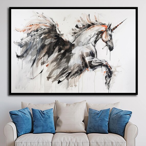 White Winged Unicorn Galloping Ink Sketch Fantasy Myth Art Poster