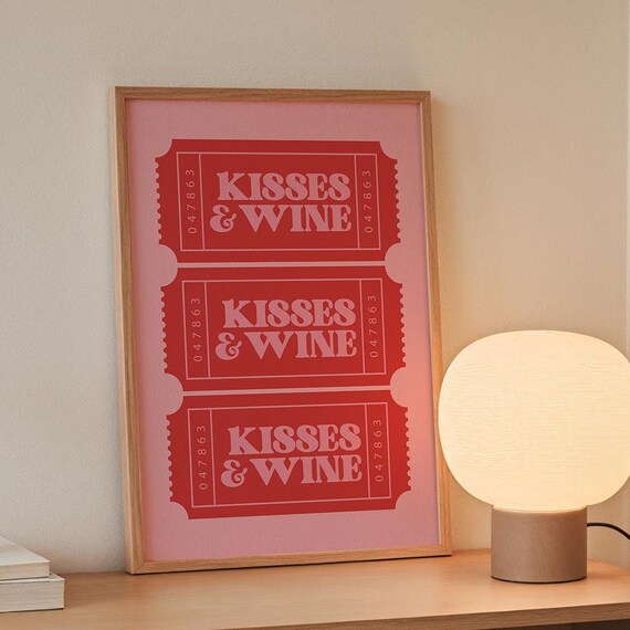 Kisses and Wine Red Ticket Stub Trio Retro Pink Valentine Wall Poster