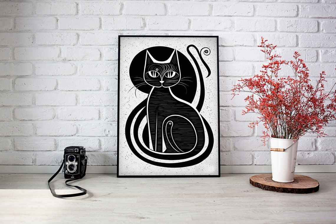 Black Cat Full Moon Elegant Deco Style Celestial Animal Art Poster - Image 3