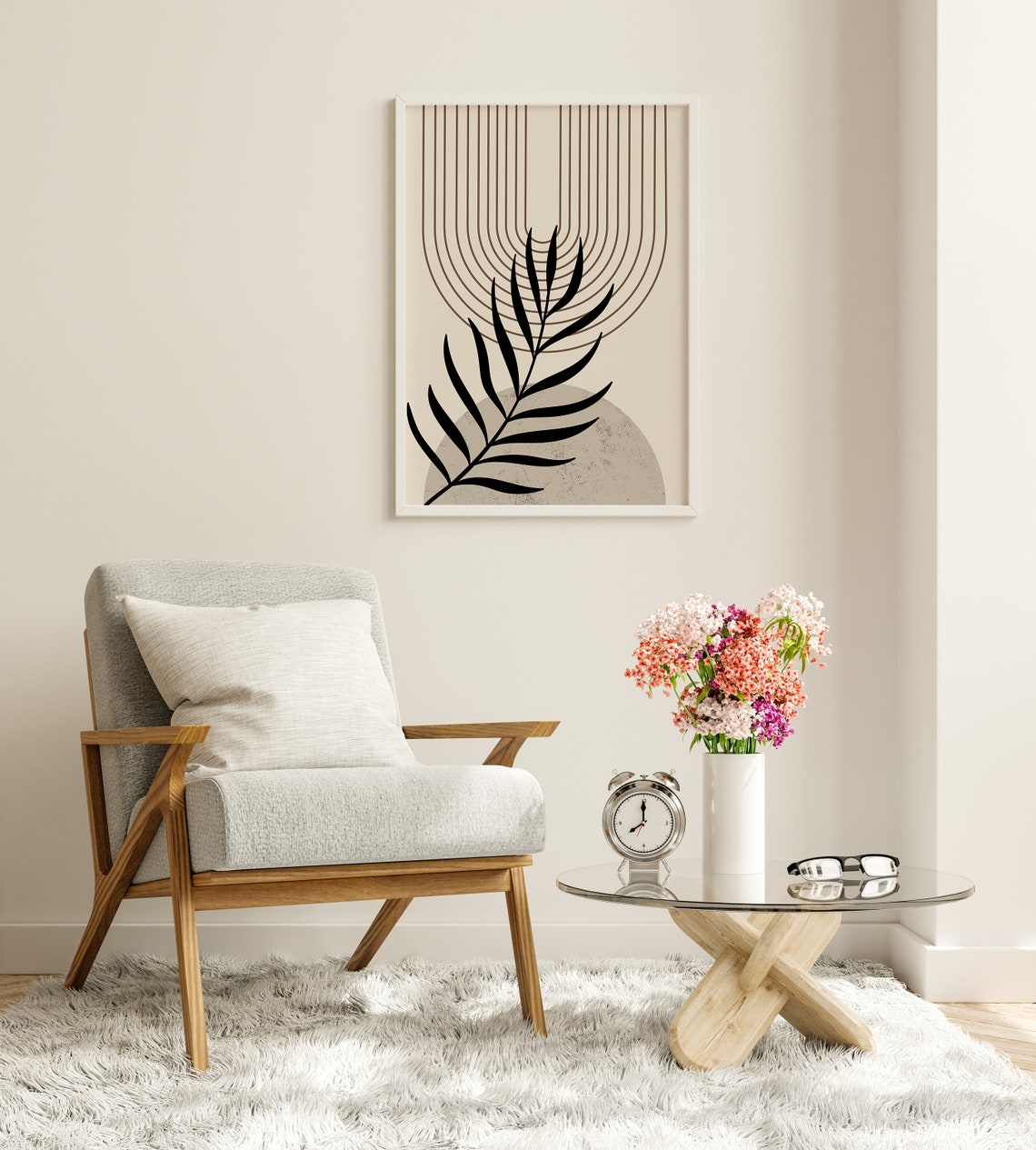Mid Century Black Palm Leaf Arch Lines Neutral Botanical Poster - Image 8