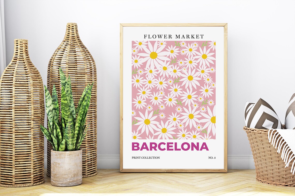 Barcelona Flower Market White Daisies Botanical Retro City Art Poster - Image 4
