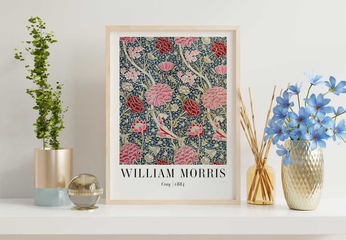 William Morris Cray 1884 Pink Floral Teal Pattern Vintage Poster - Image 4