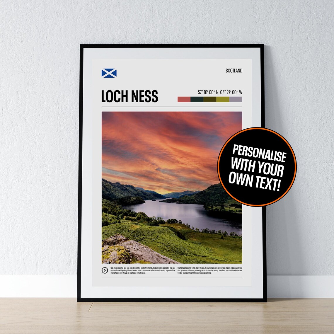 Loch Ness Travel Poster, Scotland Coordinates Print