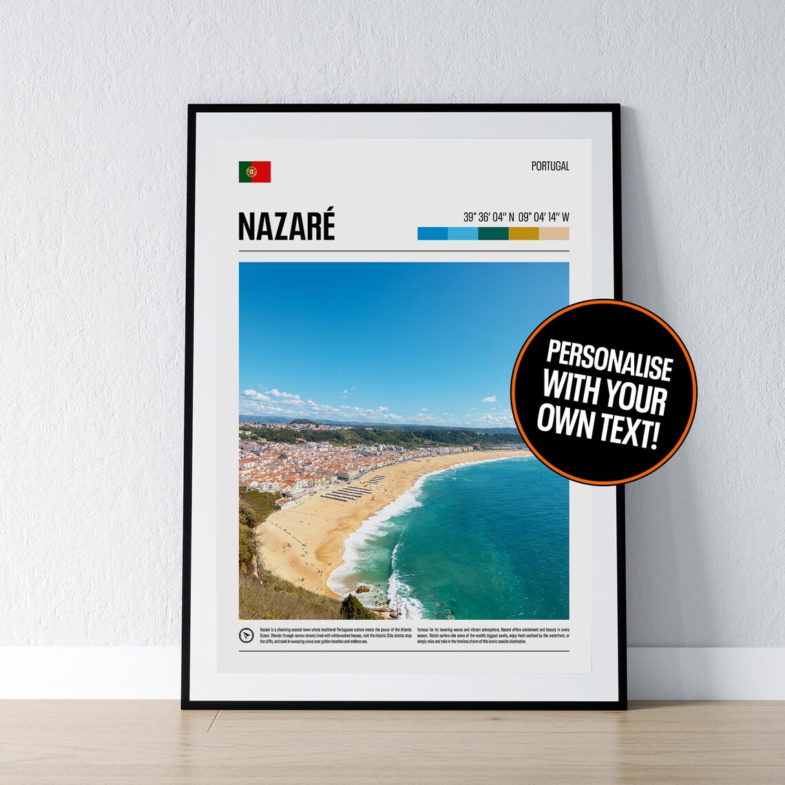 Nazare Portugal Beach Coordinates Aerial Surf Coast Travel Poster